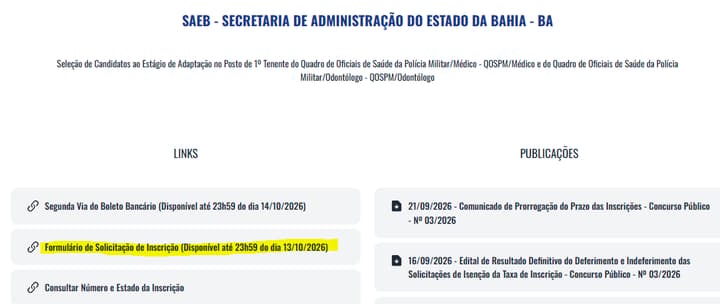 Página oficial dos concursos PM BA e Bombeiros BA (Foto: Divulgação)