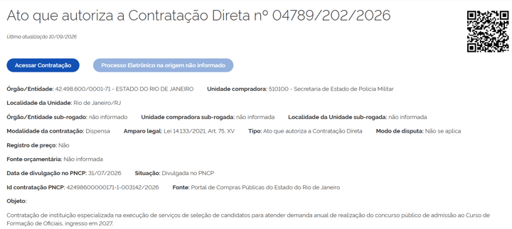 Processo da PMERJ no Portal Nacional de Contratações Públicas