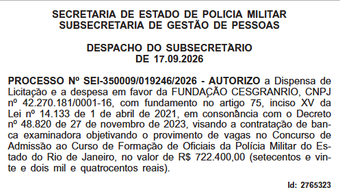Processo da PMERJ no Diário Oficial