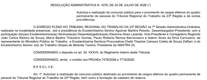 Portaria de autorização do concurso TRT MT 2026