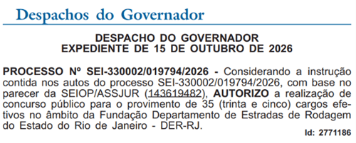 Aval do concurso DER RJ publicado no Diário Oficial