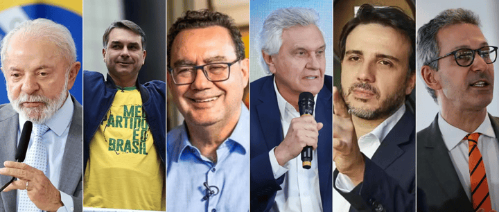 Candidatos à Presidência da República em 2026: Lula, Flávio Bolsonaro, Augusto Cury, Ronaldo Caiado, Renan Santos e Romeu Zema