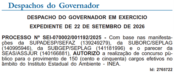 Despacho de autorização do concurso Inea RJ, publicado no Diário Oficial do Rio de Janeiro de 23 de setembro de 2026