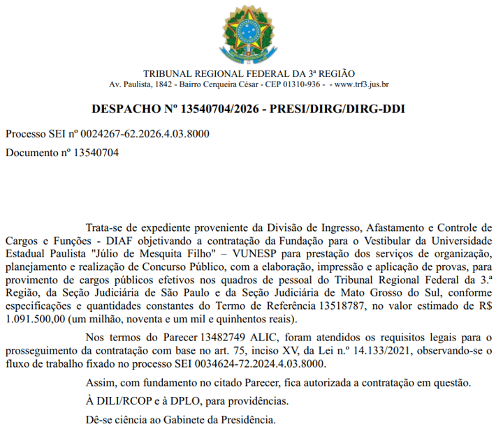 Despacho da banca do concurso TRF3 2026